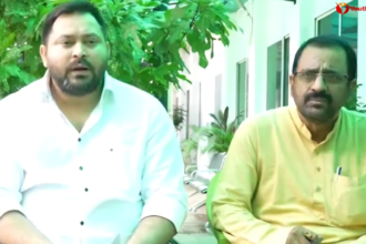 बिहार बाढ़ और सुखाड़ के मुद्दे पर पटना में प्रेस कॉन्फ्रेंस करते तेजस्वी यादव